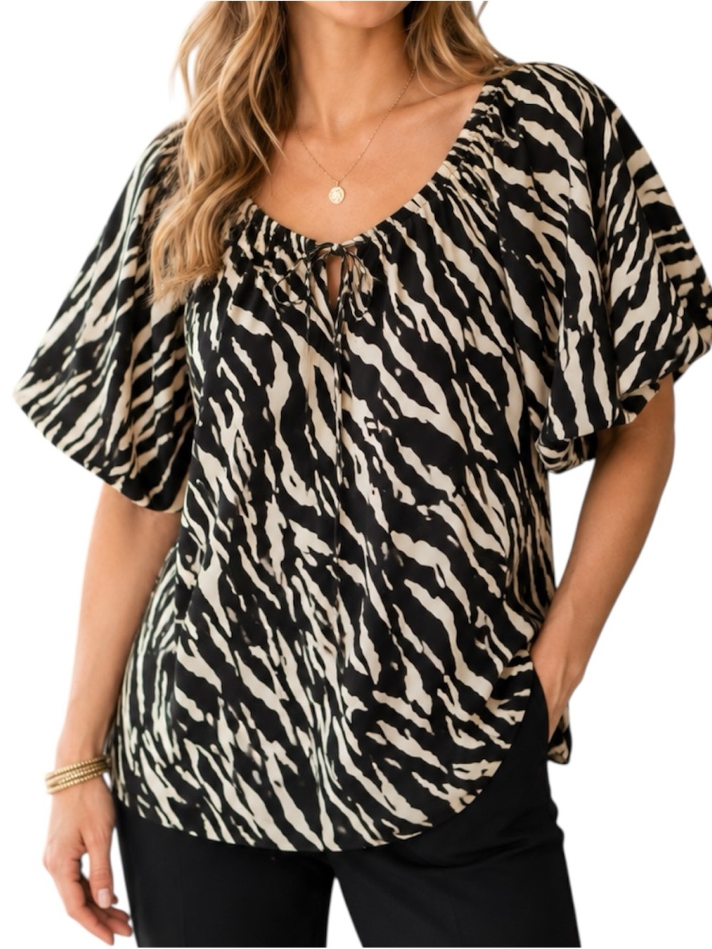 Entro Black Cream Oversized Zebra Print Puff Sleeve Tie Neck Blouse Top Large